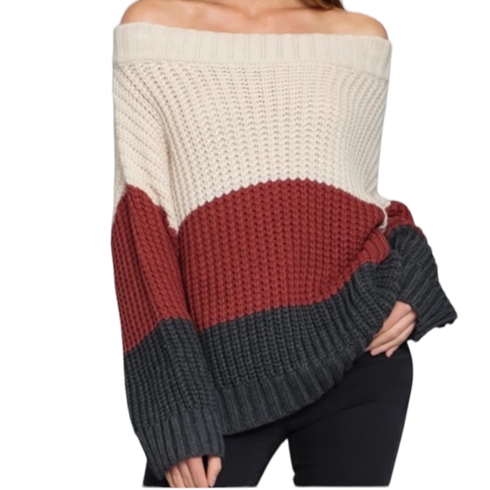 Beige/Brick Red/Charcoal Color block Off-Shoulder Sweater NWT - (#0135)